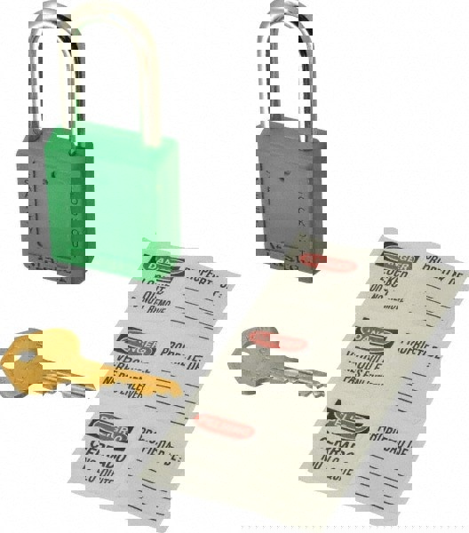 Lockout Padlock: Keyed Alike, Thermoplastic, Steel Shackle, Green
